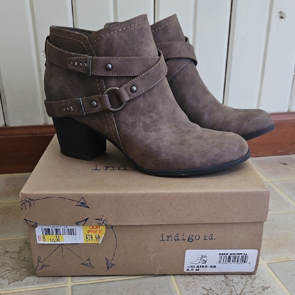 Indigo Brown Ankle Boots with Decorative Straps